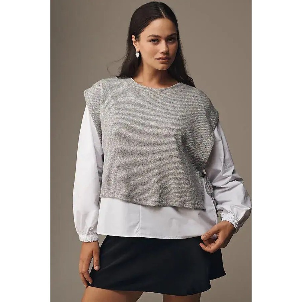 Maeve Anthropologie Twofer Ribbed Sweater Poplin Shirt Layered Top Grey White M - Picture 4 of 9